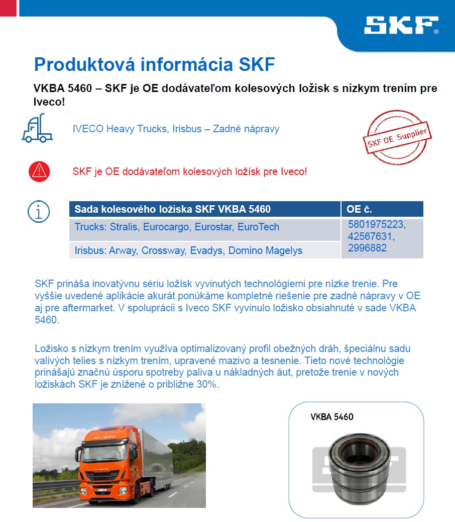 SKF je OE dodavatelem kolových ložisek s nízkým třením pro Iveco