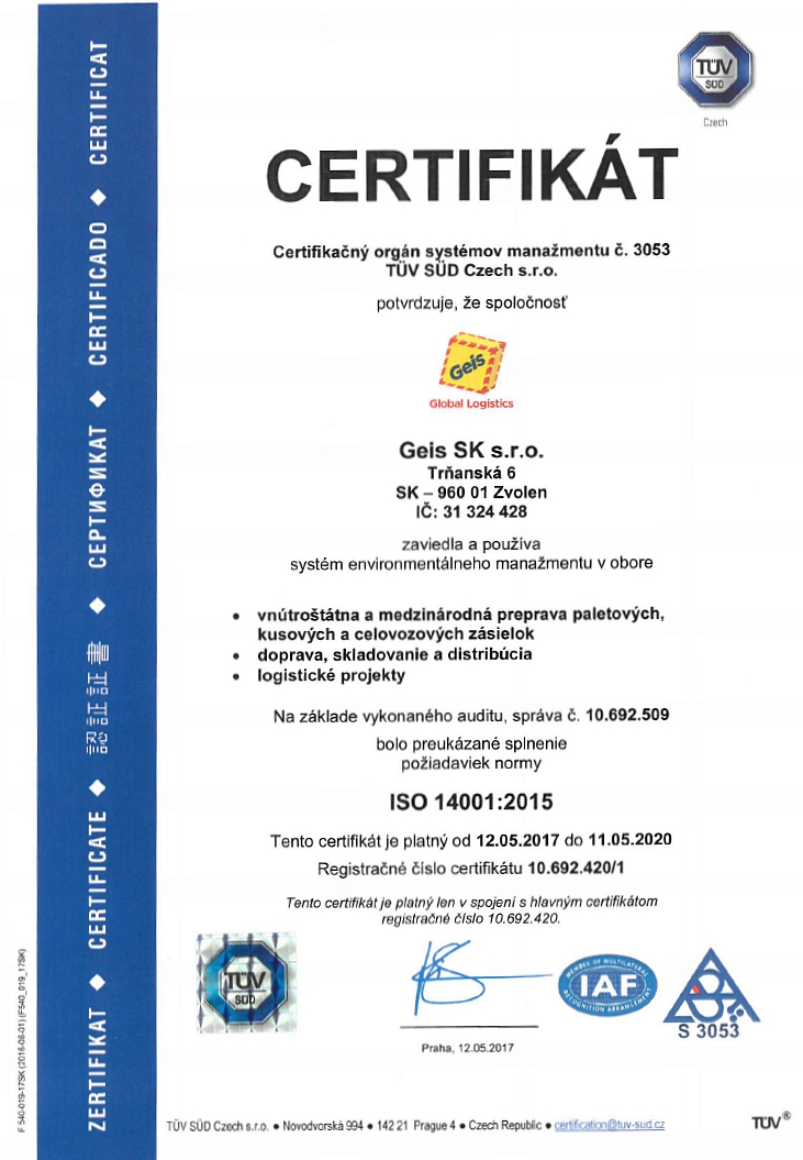 ISO certifikát pro Geis