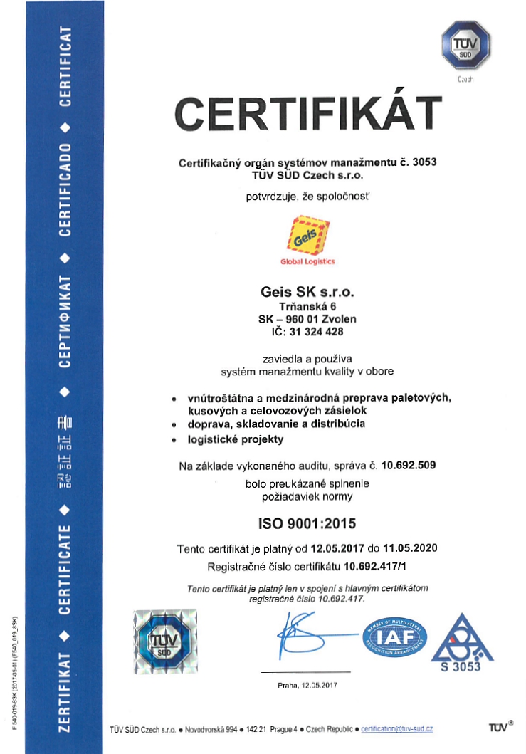 ISO certifikát pro Geis